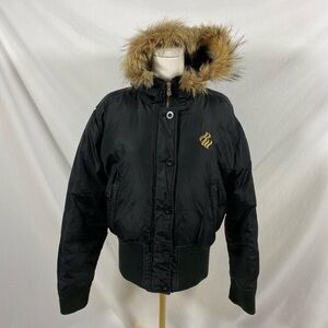 Roca Wear black puffer coat with fur hood and pink lining size xl Y2K Mcbling